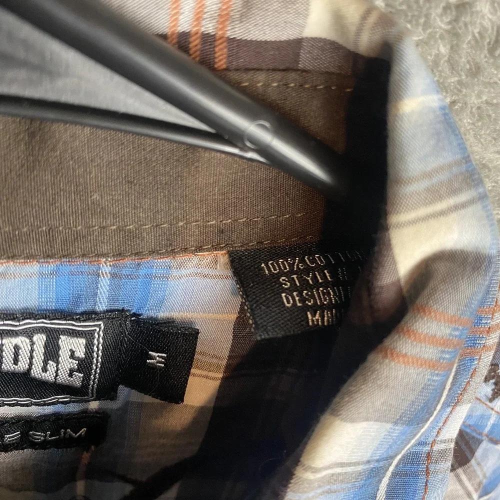 Panhandle Slim Men's M Plaid Western Shirt Blue Brown Embroidered